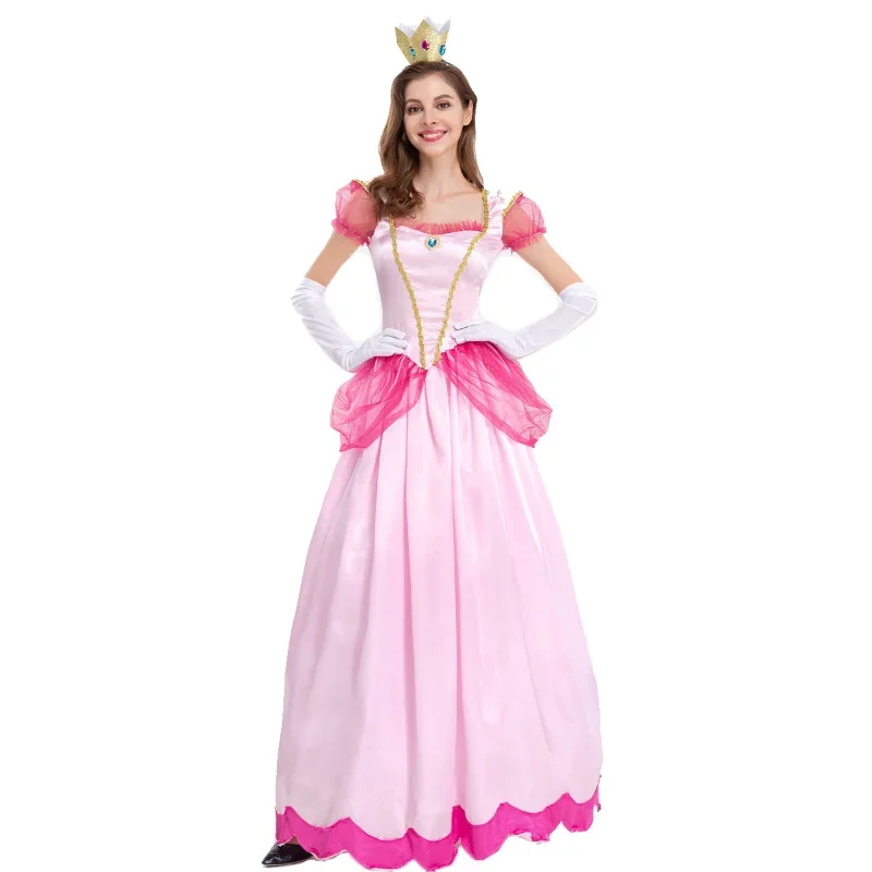 2025 New Women Girls Princess Peach Beech Pink Adult Sexy Fairy Tale Palace Long Dress Performance Cosplay Costume Summ AA