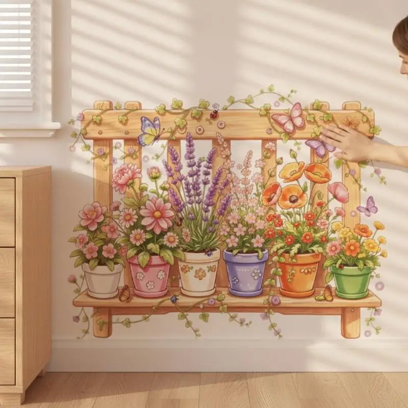 Vibrant Potted Flower Fence Wall Decal With Cute Butterfly Pattern For Bedroom Living Room Home Wall Decor
