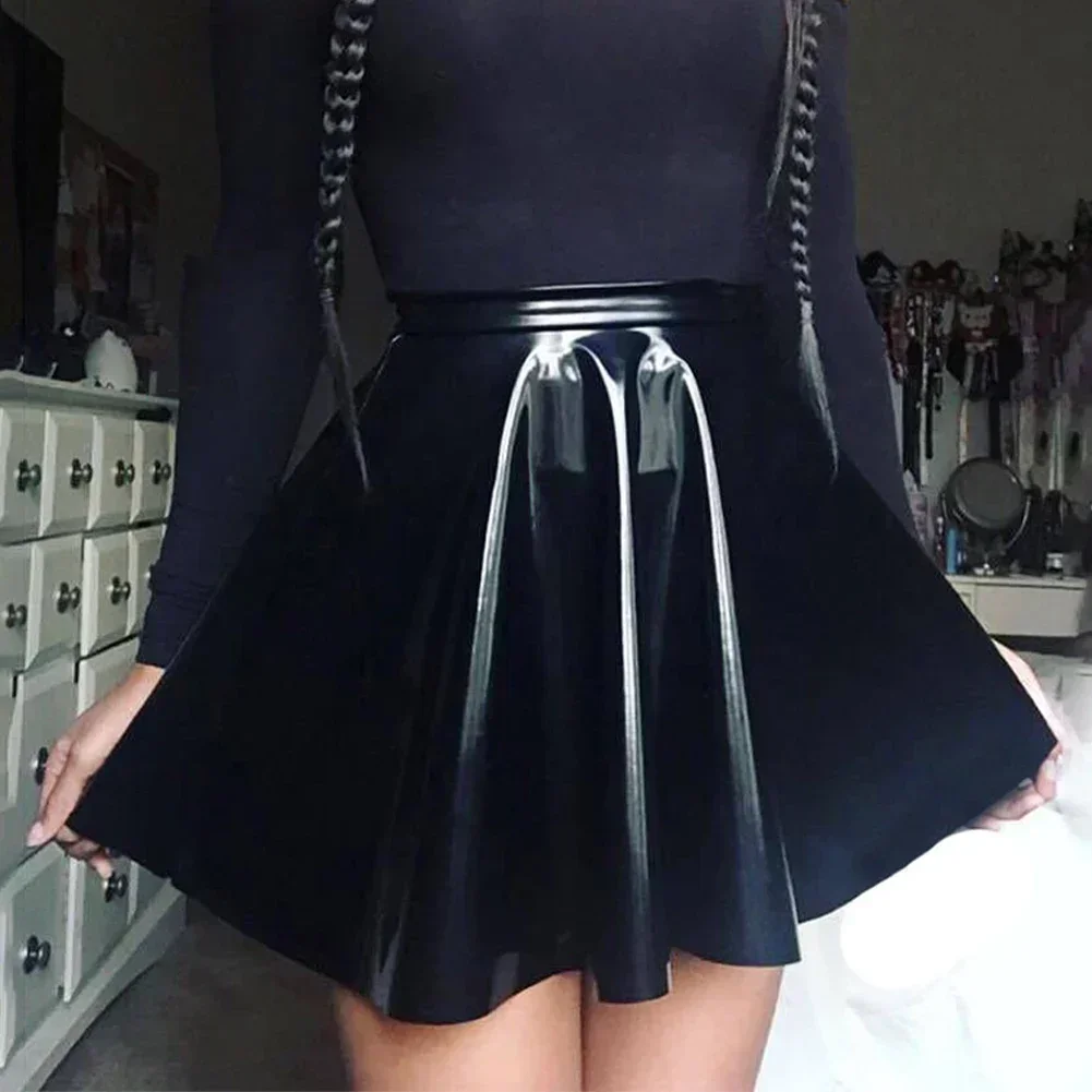 Womens Shiny PVC  Patent Leather Skirt Sexy Wet Look Leather Pleated Skirt Front Bodycon Elastic Latex Mini Short Skirt