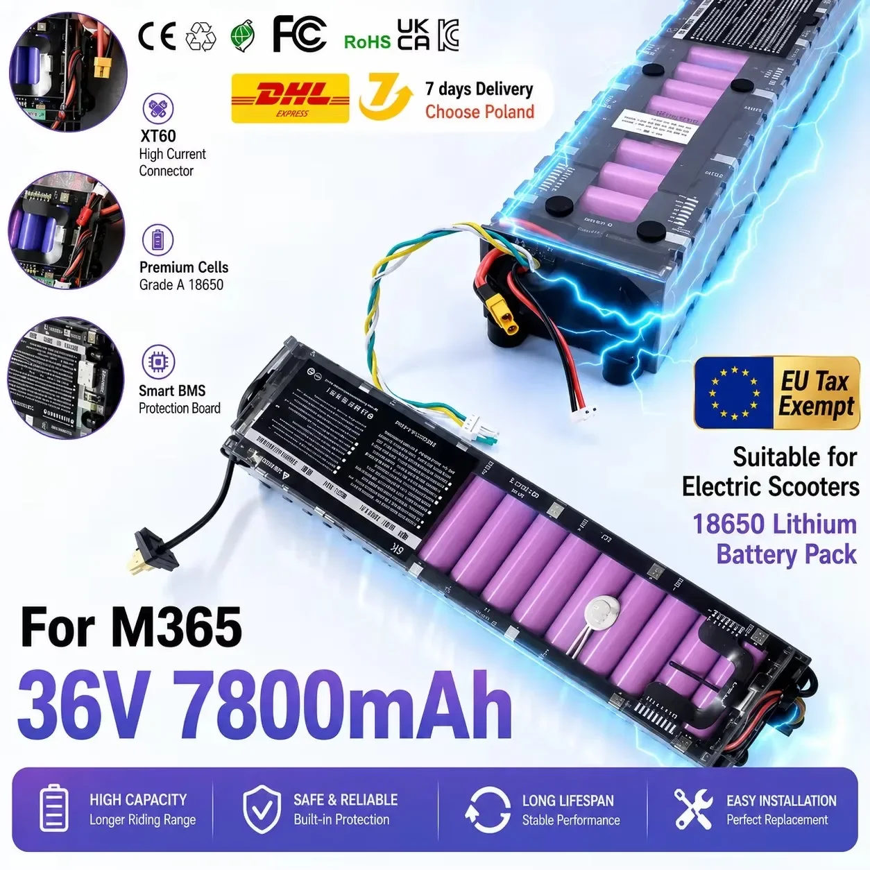 Batteria agli ioni di litio originale da 36V 7800mAh ad alta capacità, 250W-1000W, ad alta potenza di scarica, adatta per monopattino elettrico Xiaomi M365 M356 Pro, batteria dedicata.
