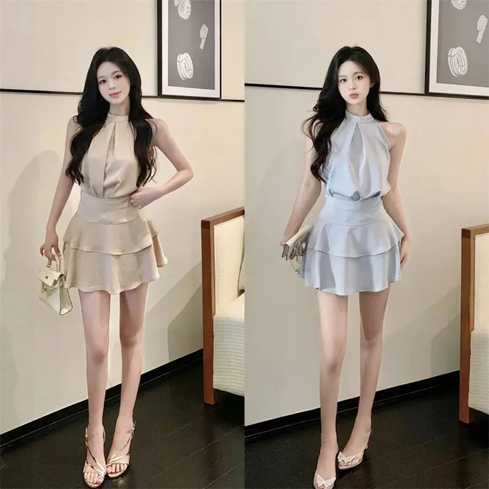 2024 Summer Satin 2 Piece Skirt Set Women Korean Sleeveless Y2k Crop Tops Shirt + Ruffles Mini Skirt Female Elegant Women's Sets