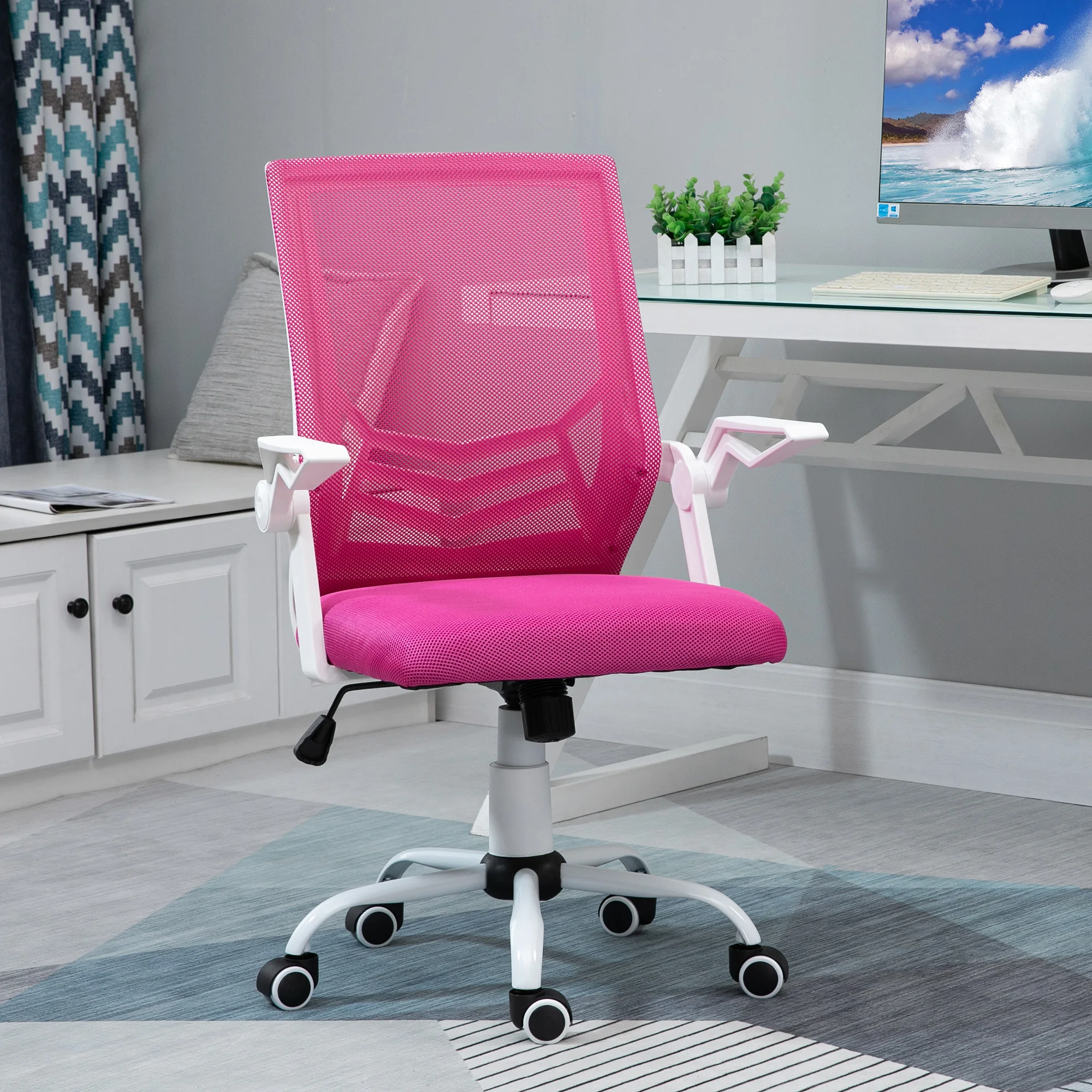 Vinsetto office chair with armrest folding Lumbar support pink and white