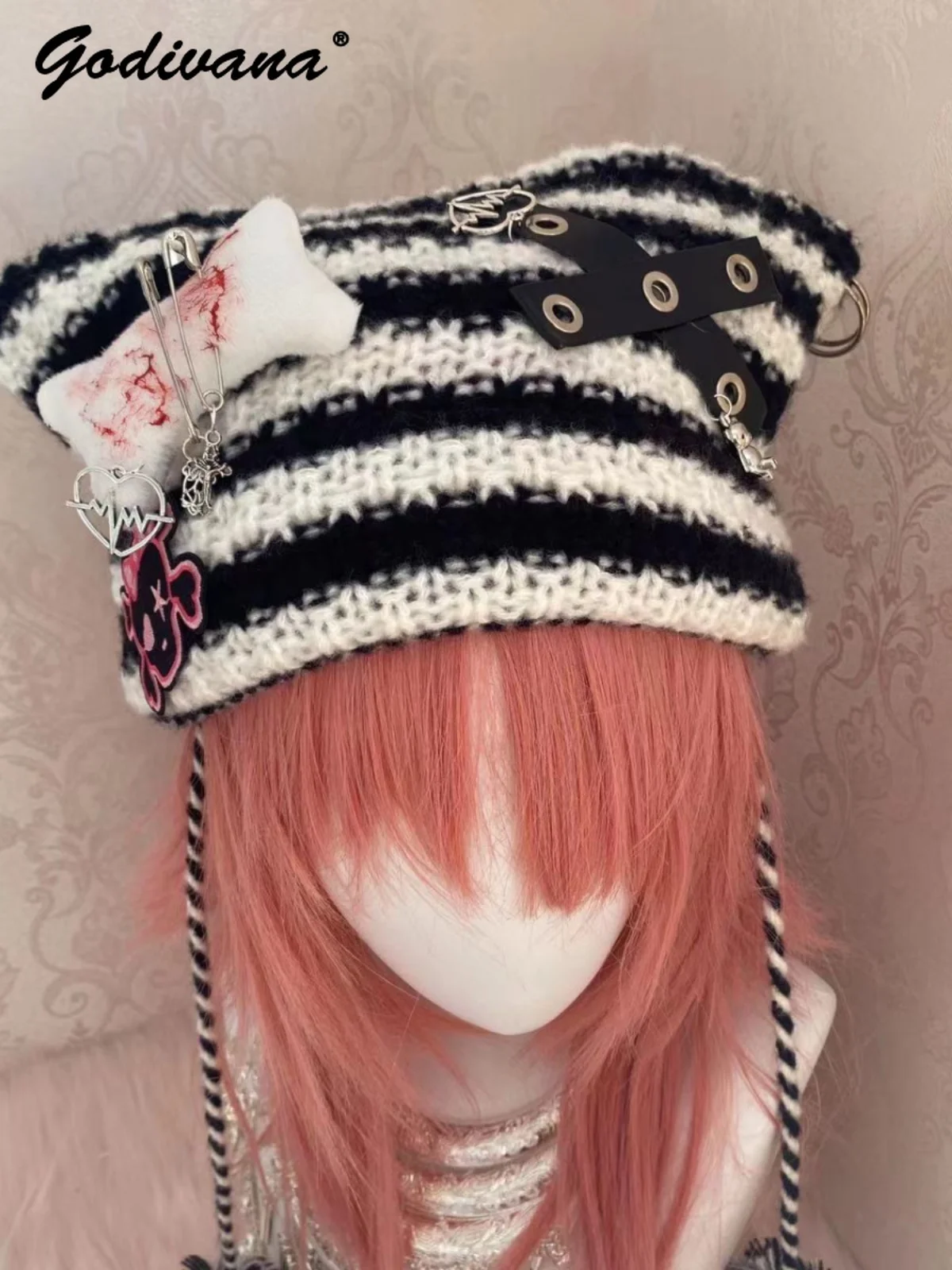 Y2K Girl Subculture Striped Horn Hat Cute Cross Skull Knitted Hat Cool Female Autumn and Winter Goth Punk Cat Ear Sweater Hat