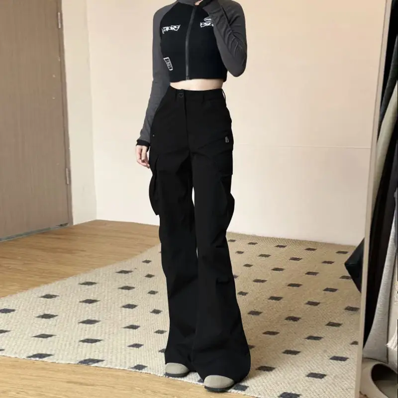 American Style Vintage Summer Woman Clothing Solid Cargo Pants Harajuku Fashion High Waist Casual Loose Wide Leg Flare Trousers