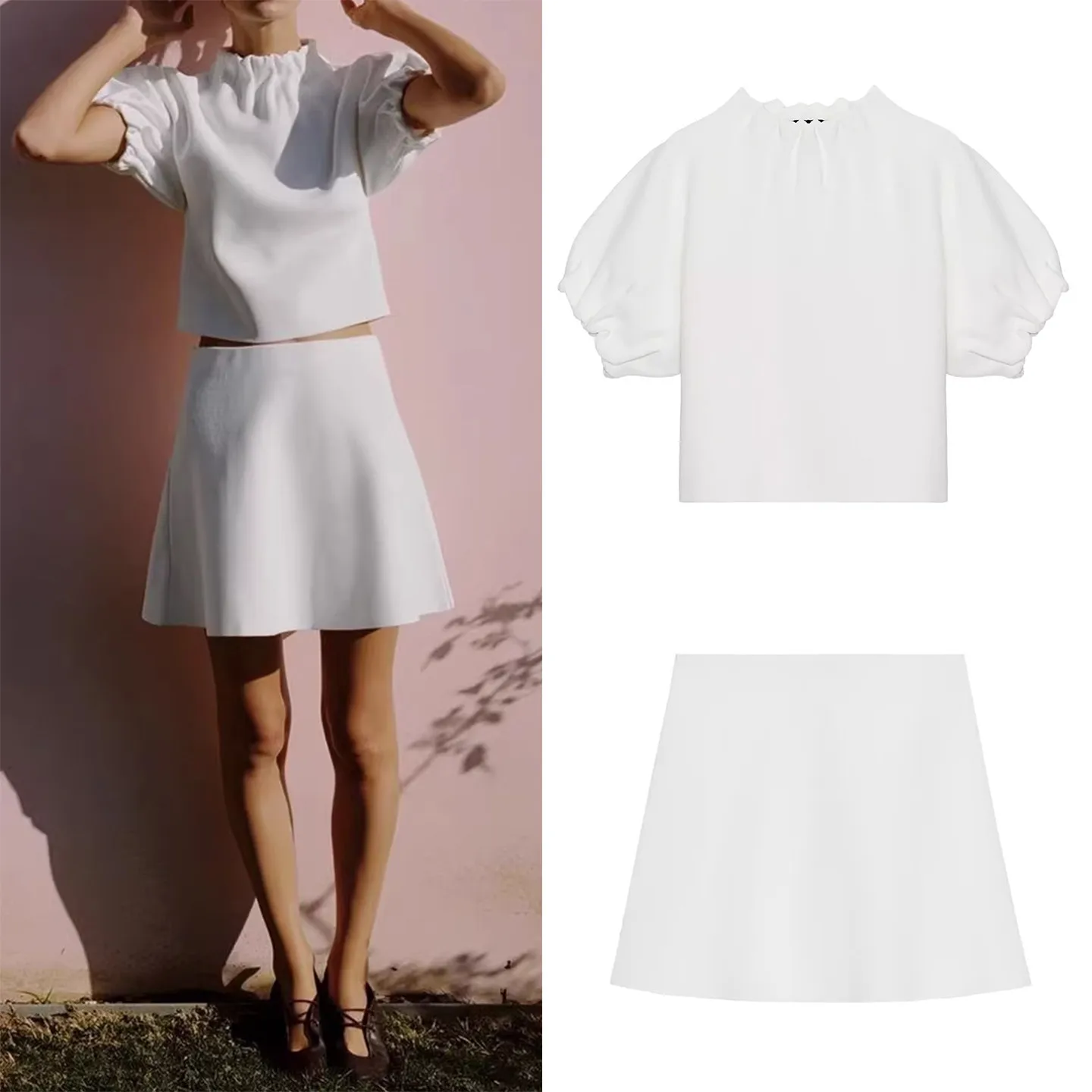 

Women's Fashion Spring 2026 Bubble Sleeve Pleated Top Elastic Skirt Set High Waist Short Sleeve T-Shirt Casual Outfit