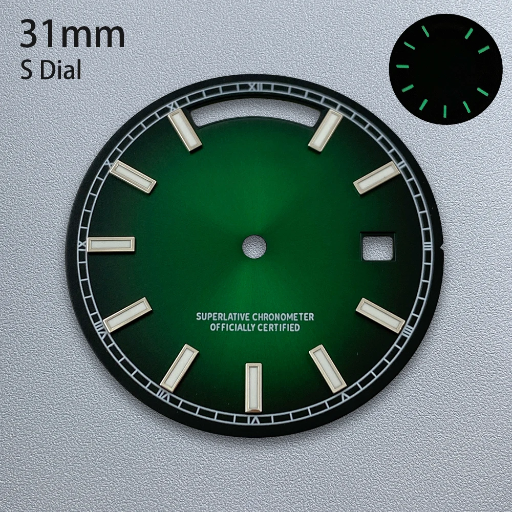 31mm S Logo Day And Date Dial Fit 8285 Movement Green Luminous Sunray High-Quality Dial Watch Modification Accessories