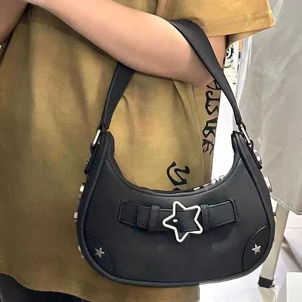 Women\'s Fashion PU Small Shoulder Bag Y2K Star Armpit Purse American Retro Black Chic Hobo Bag High Quality Designer New Handbag