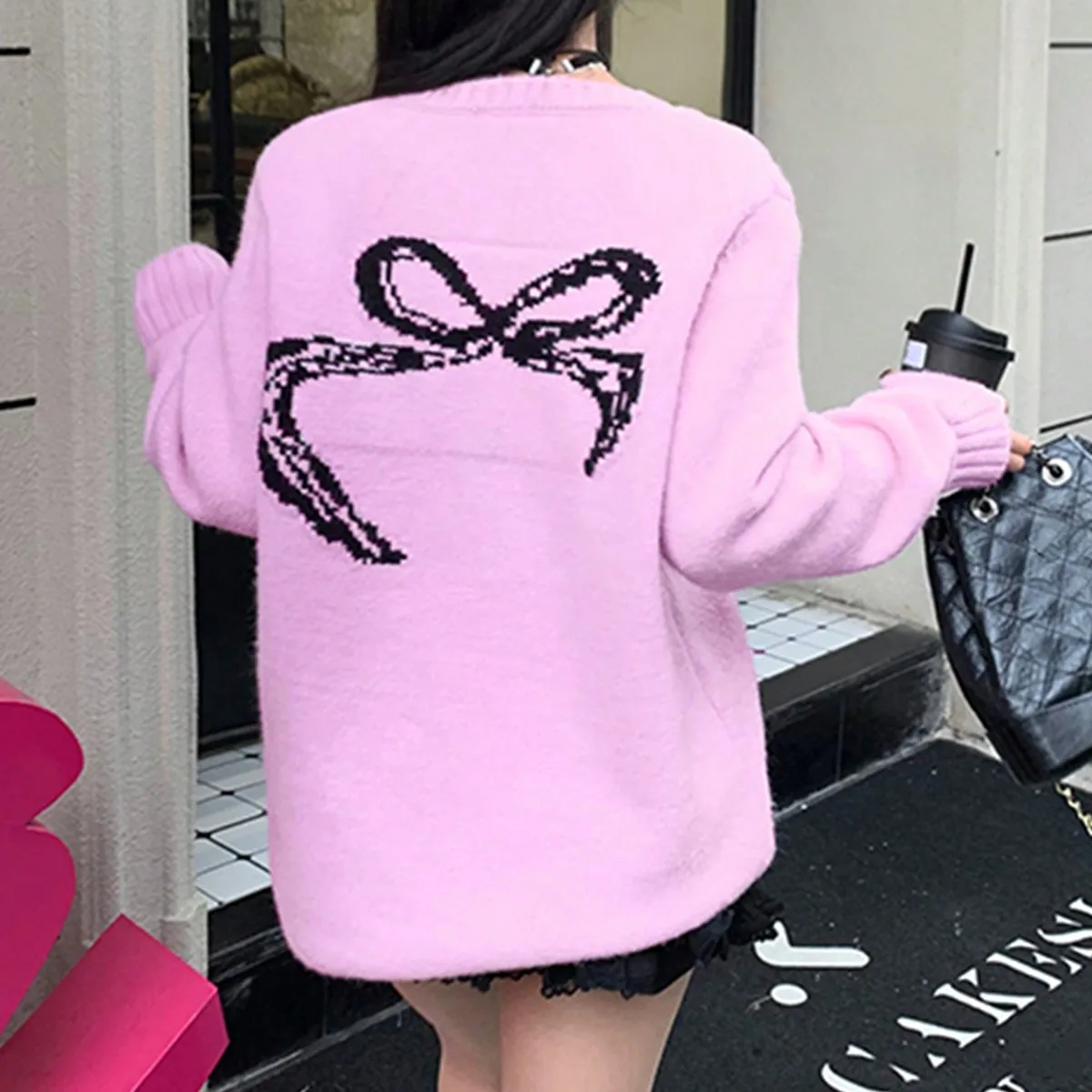 Pink Bow V-Neck Printed Knitwear for Women, New Winter K-Style, Loose and Lazy Autumn Knitwear, Utabhadra Manually Cymbals