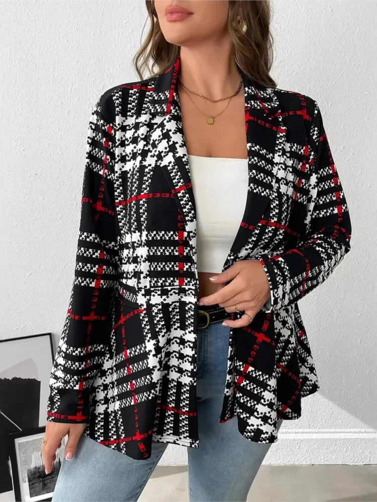 Plus Size Autumn Houndstooth Plaid Print Coat Women Fashion V-Neck Ladies Jackets Loose Long Sleeve Woman Blazer Suits Coats