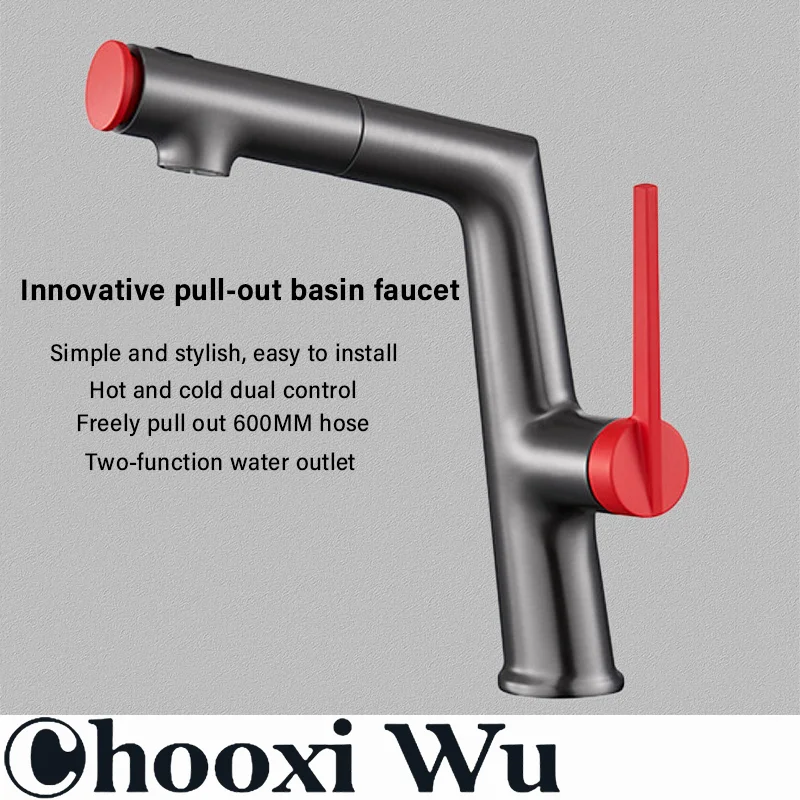 

Bathroom gun gray pull-out basin faucet, multi-function water outlet, ceramic valve core, dual hot and cold controls