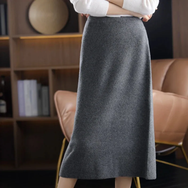 2021 outono inverno novo 100% lã pura malha saia longa feminina casual grosso coreano pacote de cintura alta hip cashmere selvagem a linha saia