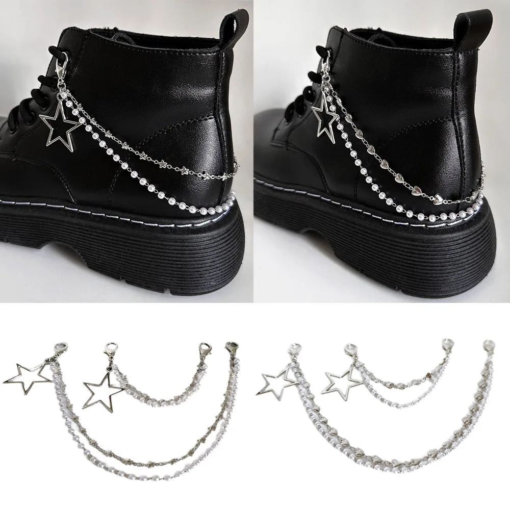 1Pc Star Heart Pearl Pendant Shoes Chain Martin Boots Shoes Buckles Decoration Metal Shoe Chain Charms Y2K Shoe accessories