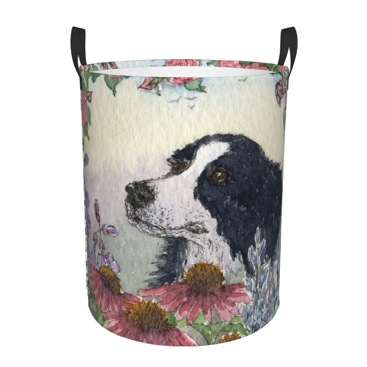 Customized Cute Border Collie Dog Flower Laundry Hamper Large Clothes Storage Basket Animal Pet Toy Bin Organizer for Kids