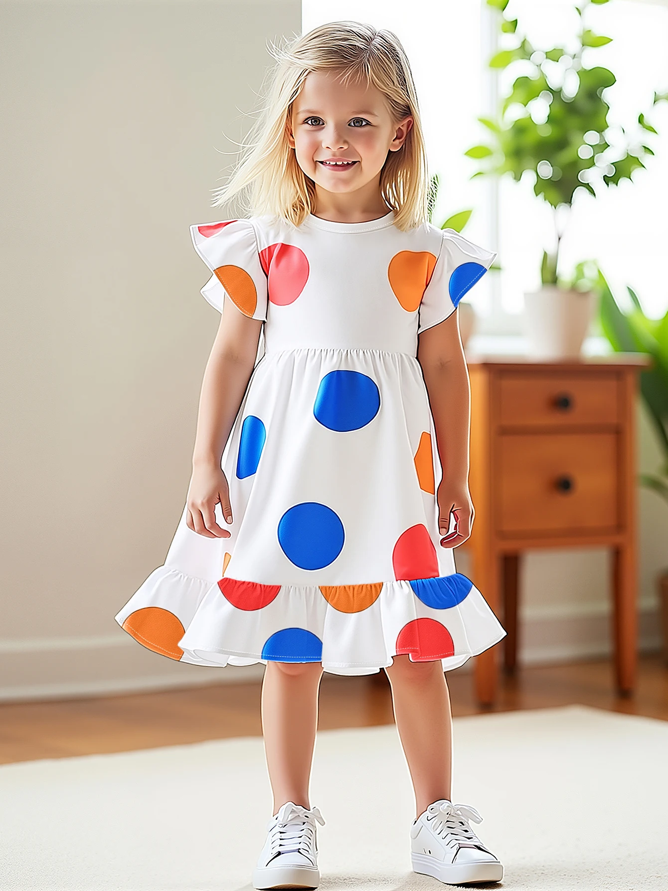 Sommerkleid mit Polka Dots für Mädchen, stilvolles Prinzessinnenkleid mit kleinen Flatterärmeln und Rüschen, A-Linien-Kleid, süßes und niedliches Kleid für kleine Kinder