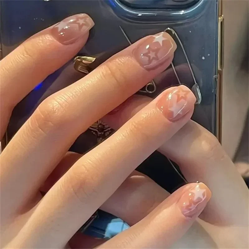 24pcs Cute Star Printed Design Fake Nail Short Square Faux Ongles Manicure Nail Stickers Press on Nail Tips Gradient False Nails