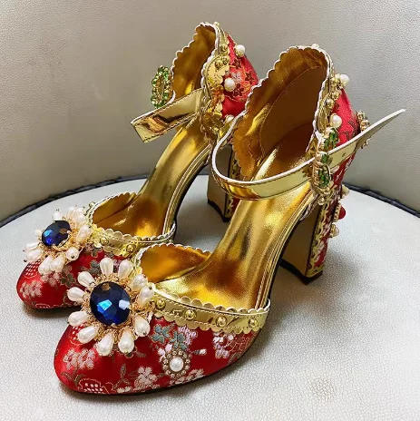 

2025 New Bling Rhinestone Pearls Round Toe Women Pumps Shoes Chunky High Heel Buckle Strap Design Large Size Marry Jane Shoes
