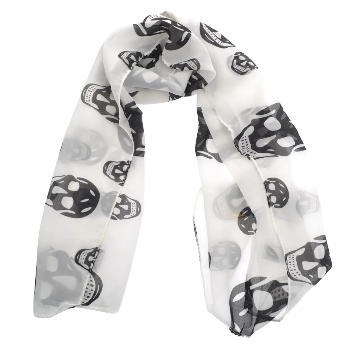 

150*50Cm Skull Printed Chiffon Scarf White Long Shawl Wrap For Women Girls Four Seasons Lightweight Soft Fashion Streetwear