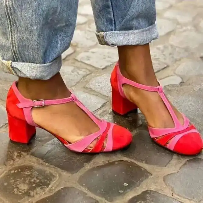

2025 Hollow Out Round Toe Sandals Chunky Heels Women's Sandal