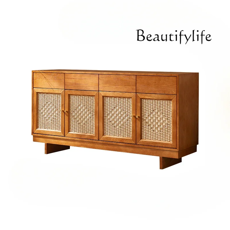 

Nordic solid wood dining side tea cabinet modern simple restaurant meal preparation storage rattan entrance cabinet