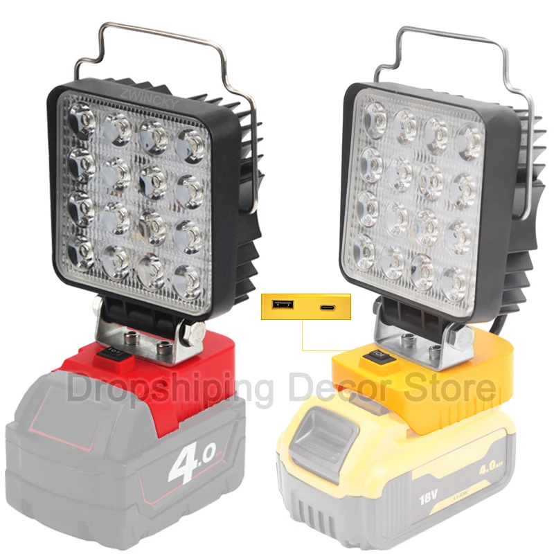 for Dewalt/Milwaukee 18V Li-ion Battery LED Lamp Work Light With USB Type-C Port Outdoor Lighting Camping Emergency Flood Light