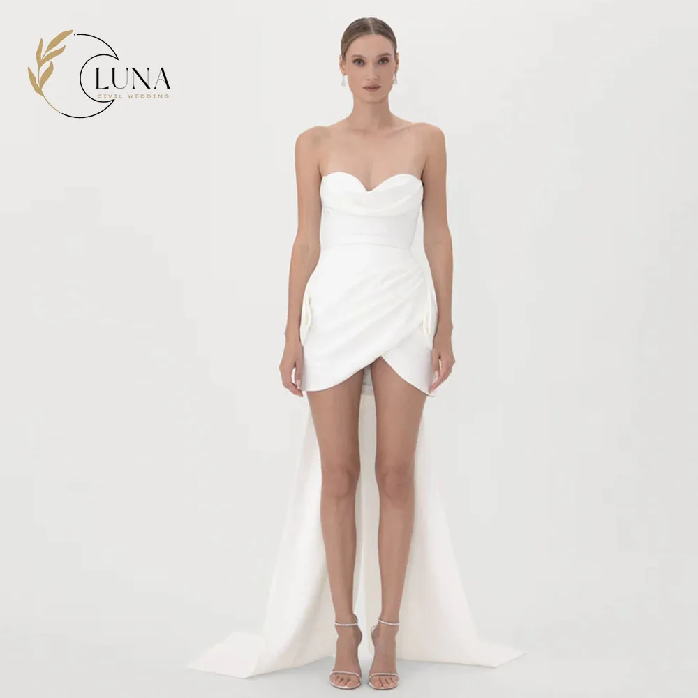 Luna Customized Mini Wedding Party Dresses Strapless Simple Bridal Gown with Train Satin Short Bride's Dresses 2026 New