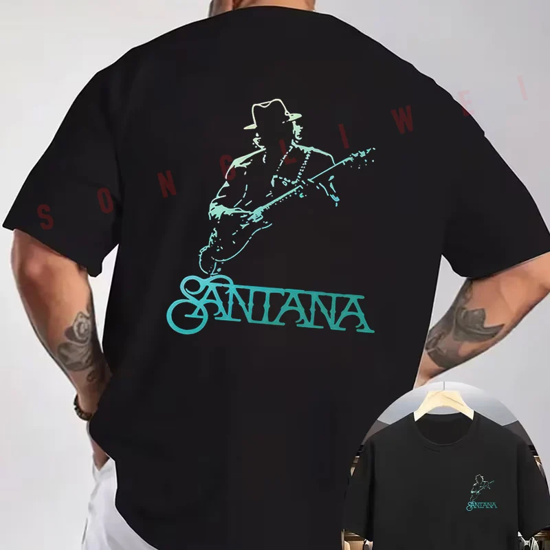 Santana Guitarist Silhouette Print Motorcycle T-Shirt Double-Sided Print Men's Summer Short Sleeve Round Neck Casual Tops
