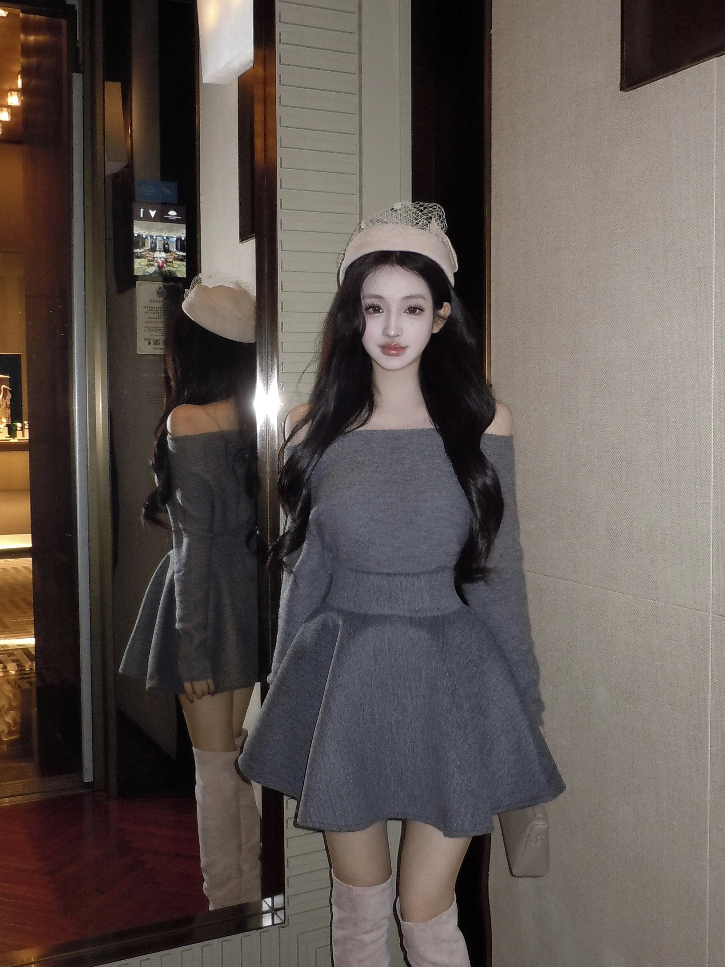 

Повседневный серый комплект из двух предметов с датой, юбка для женщин, осенний пуловер на одно плечо, свитер, юбка, уличный мини-короткий костюм с высокой талией