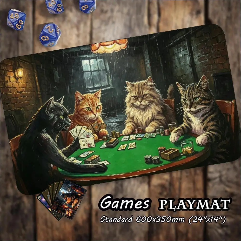 Cute Cats Playing Poker Pattern Game Playmat Non Slip Rubber Smooth Extended Table Mat For Trading Card Game Tabletop Sessions