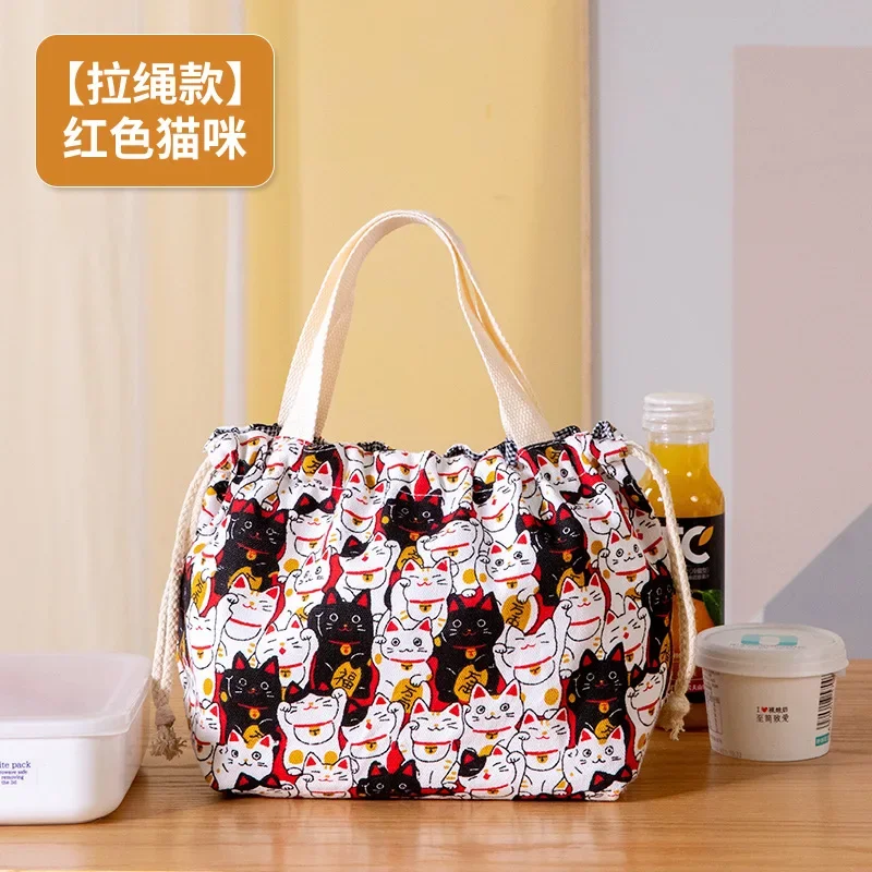 Canvas Print Picnic Lunch Bag Drawstring PortableTote Bag Food Storage Box for Women Cartoon Printing Fruit Thermal Bags