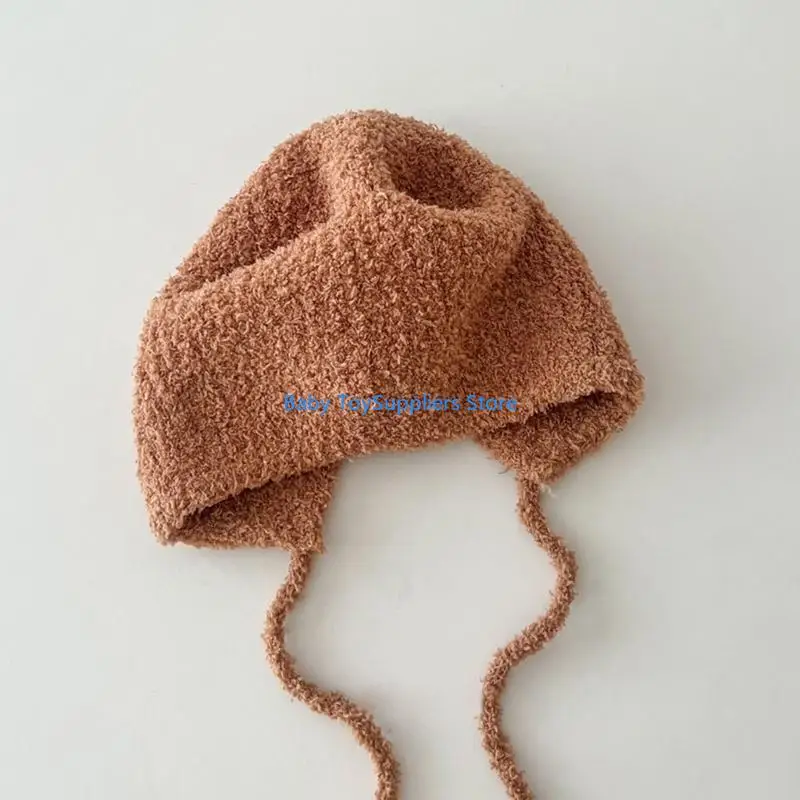

R1WF Infant Ear Knit Cap Fashionable Newborn Beanie Cap Neonatal Fetal Cap Baby Knitted Pullover Hat with Strap Tie