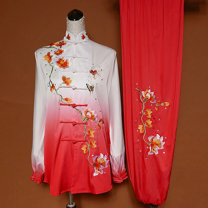 White Red Gradient Embroidered Plum Blossom Tai Chi Suit Women Martial Arts Training Wear Competition Performance Outfit Design