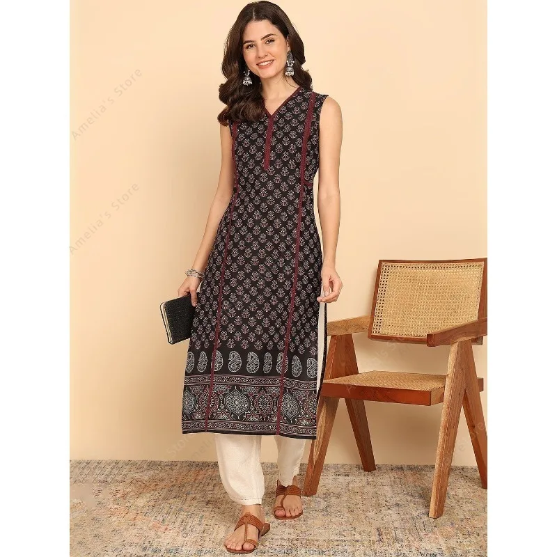 فستان كورتا نسائي من القطن باللون الأسود والأخضر على الطراز الهندي العرقي بدون أكمام مطبوع عليه بيزلي ملابس صيفية غير رسمية فستان كورتي