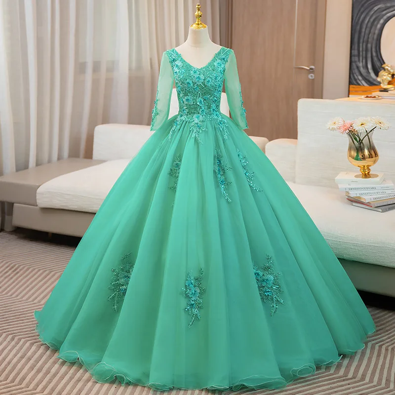 Robe de Rhà manches longues avec appliques en dentelle, robe de Rh, robe de fête d'anniversaire, Sweet 15 Quinceanera, tenue de soirée, Real Picture, 3/4