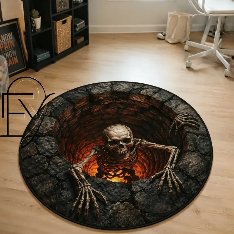 Flannel Area Carpet 3D Illusion Gothic Skeleton Rug Soft Fluffy Cozy Horrific Skull Brick Well Room Floorpad