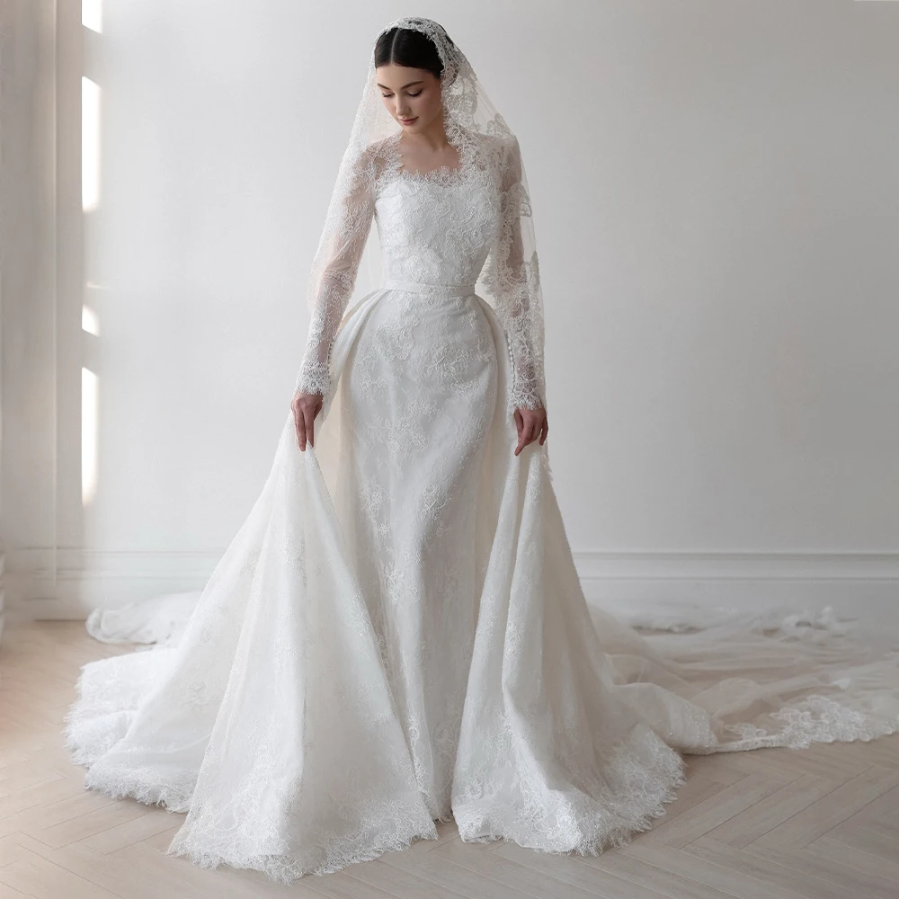 

Mophiel Wedding Dresses Detachable Train Long Sleeve Square Collar Bride Dress Mermaid Bridal Gown vestido de novia Customized