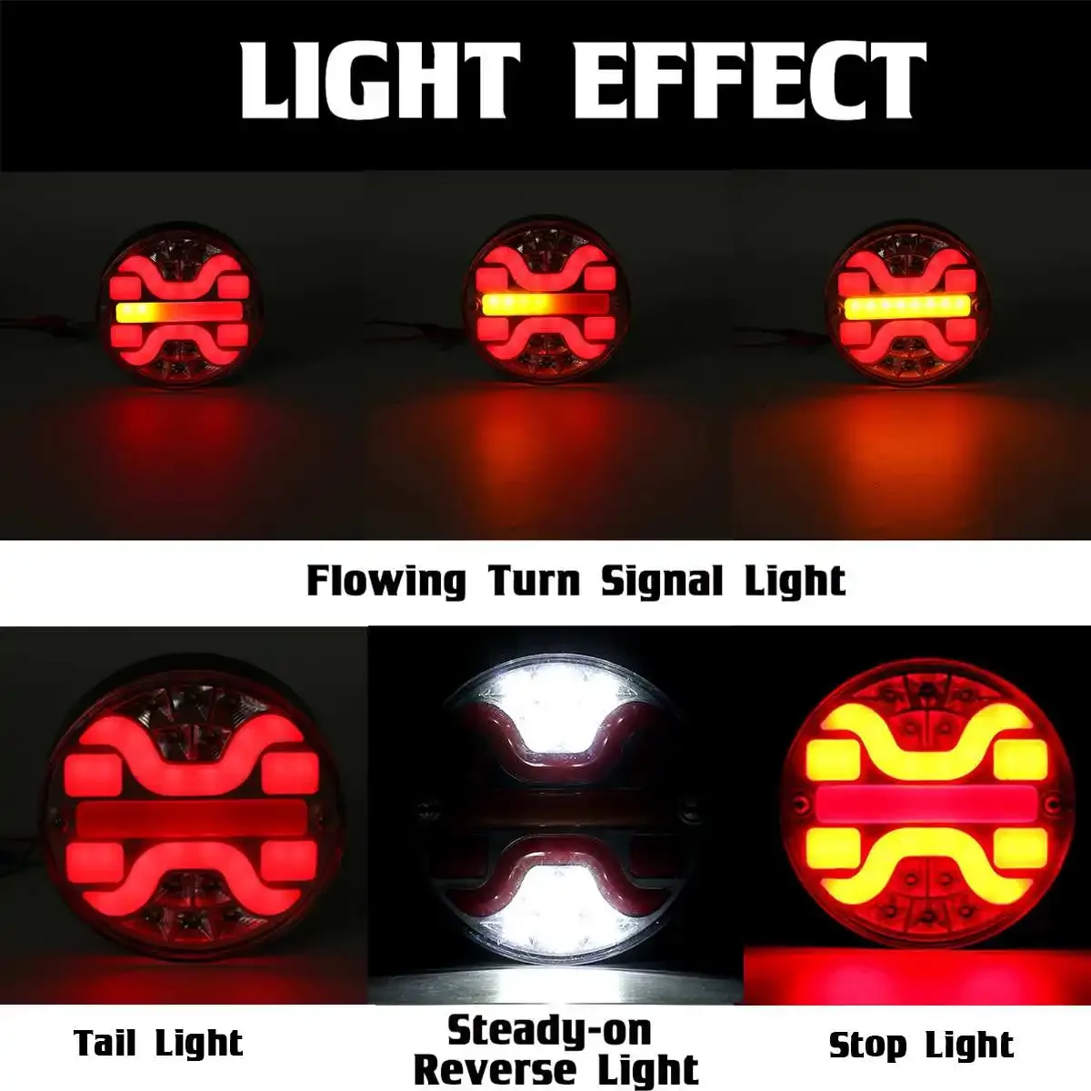 Round LED 5 Inch Truck Taillight 4in1 Dynamic Tail Trun Signal Reverse Lamp Rear Brake Stop Light For Car Trailer Lorry RV Bus