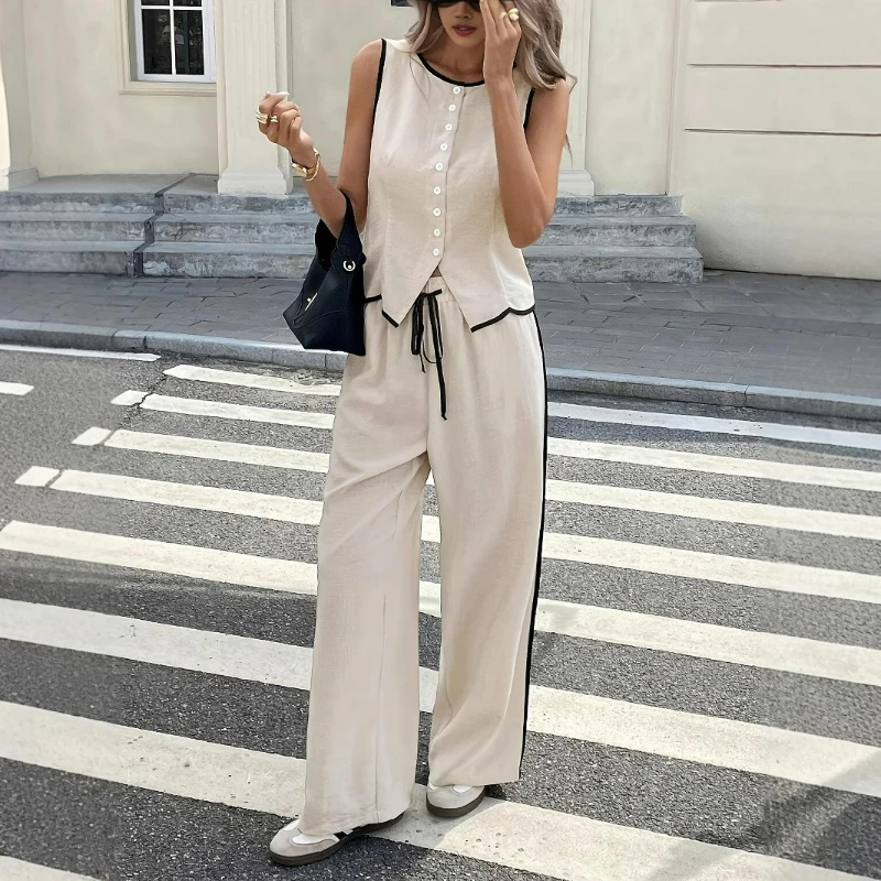 

2026 Spring New Fashion American Style Elegant Contrast Color Sleeveless Single Breasted Tank Top Drawstring Pants Set for Women