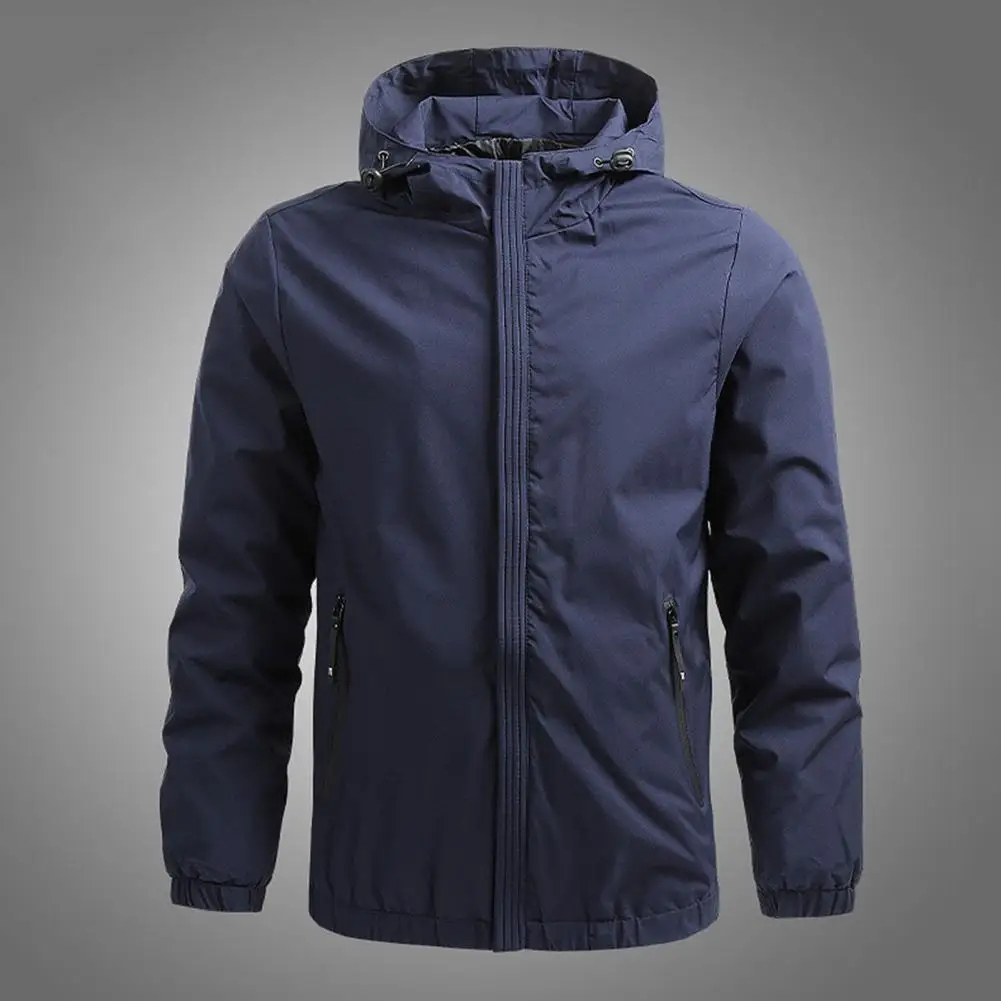 

Men Jacket Hooded Long Sleeve Solid Color Jacket Coat With Pockets Zipper Placket Windproof Waterproof Running Gym Outwear