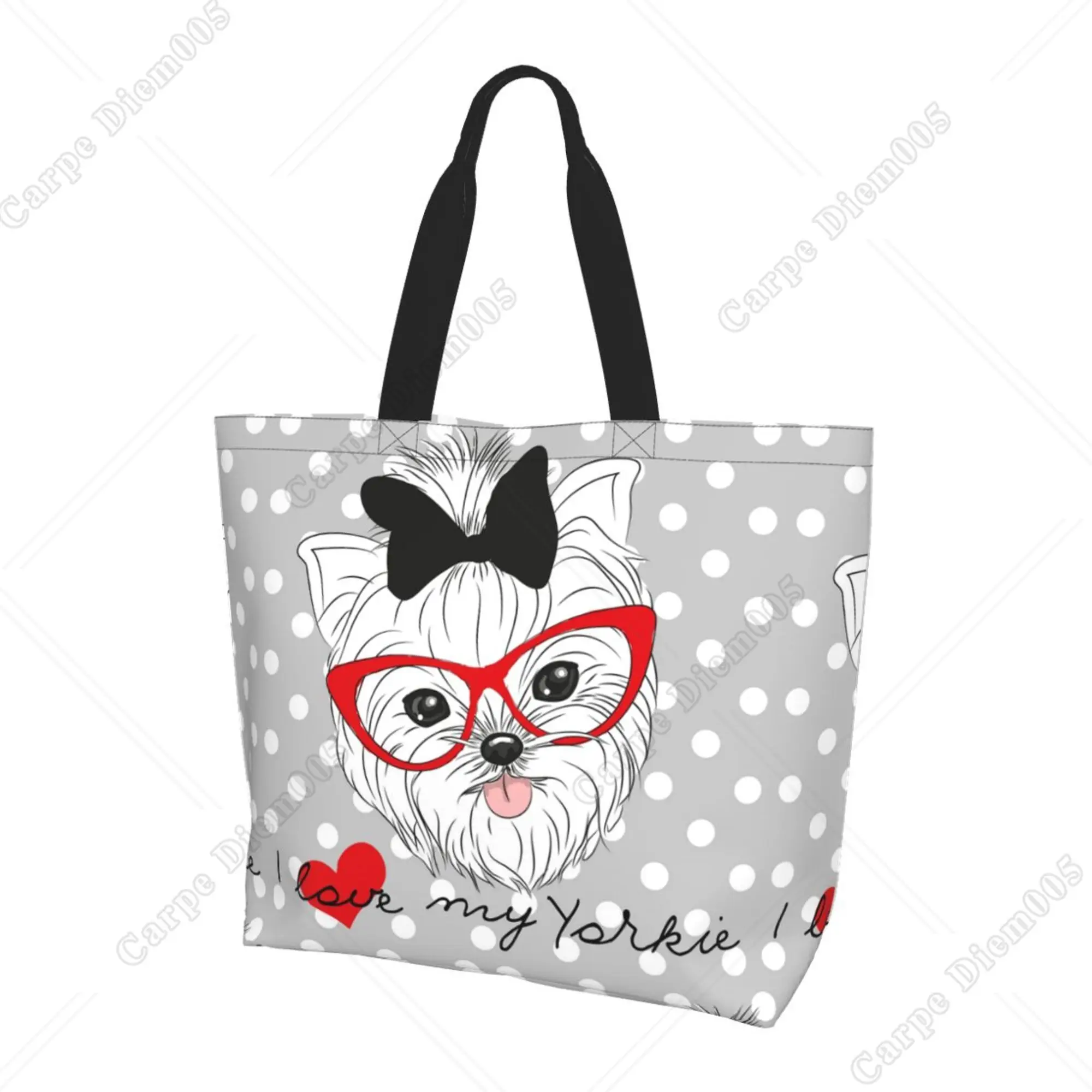 

I Love My Yorkie Polka Dots Blue Women Shopping Bag Tote Bag Large Shoulder Bag Reusable Handbag for Shopping Grocery Work