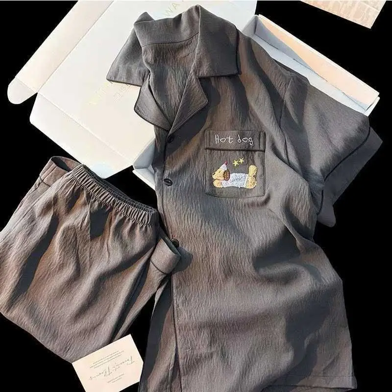 Embroidery Dog Letter Vintage Men's Pyjama 2 Piece Suit Plus Size Casual Soft Men's Pajamas Set Summer New Vintage Sleepwear