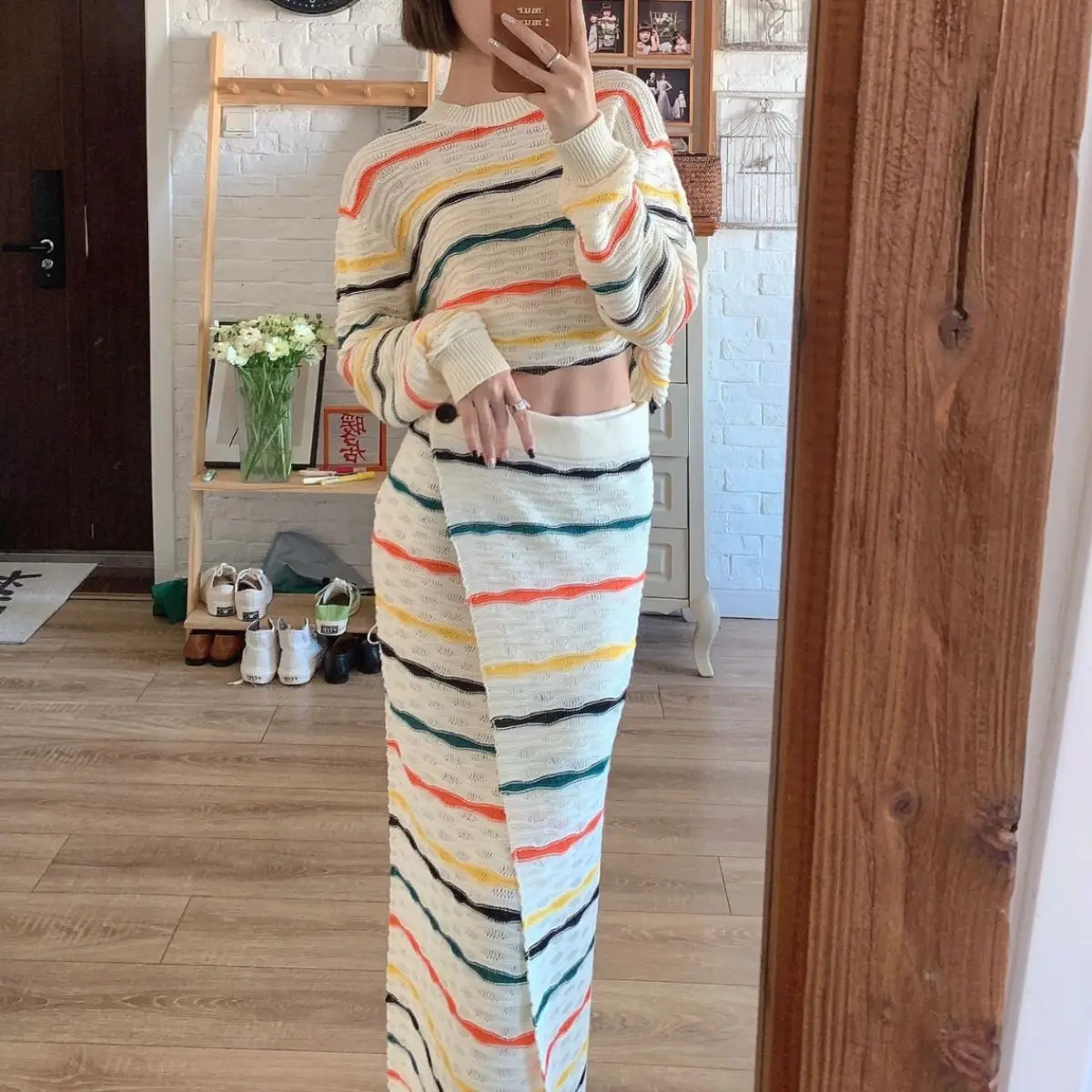 Autumn Vintage Knitting Stripe Sets Women O Neck Long Sleeves Top Button Split Long Skirt Casual Loose Knitted Two Piece Suits