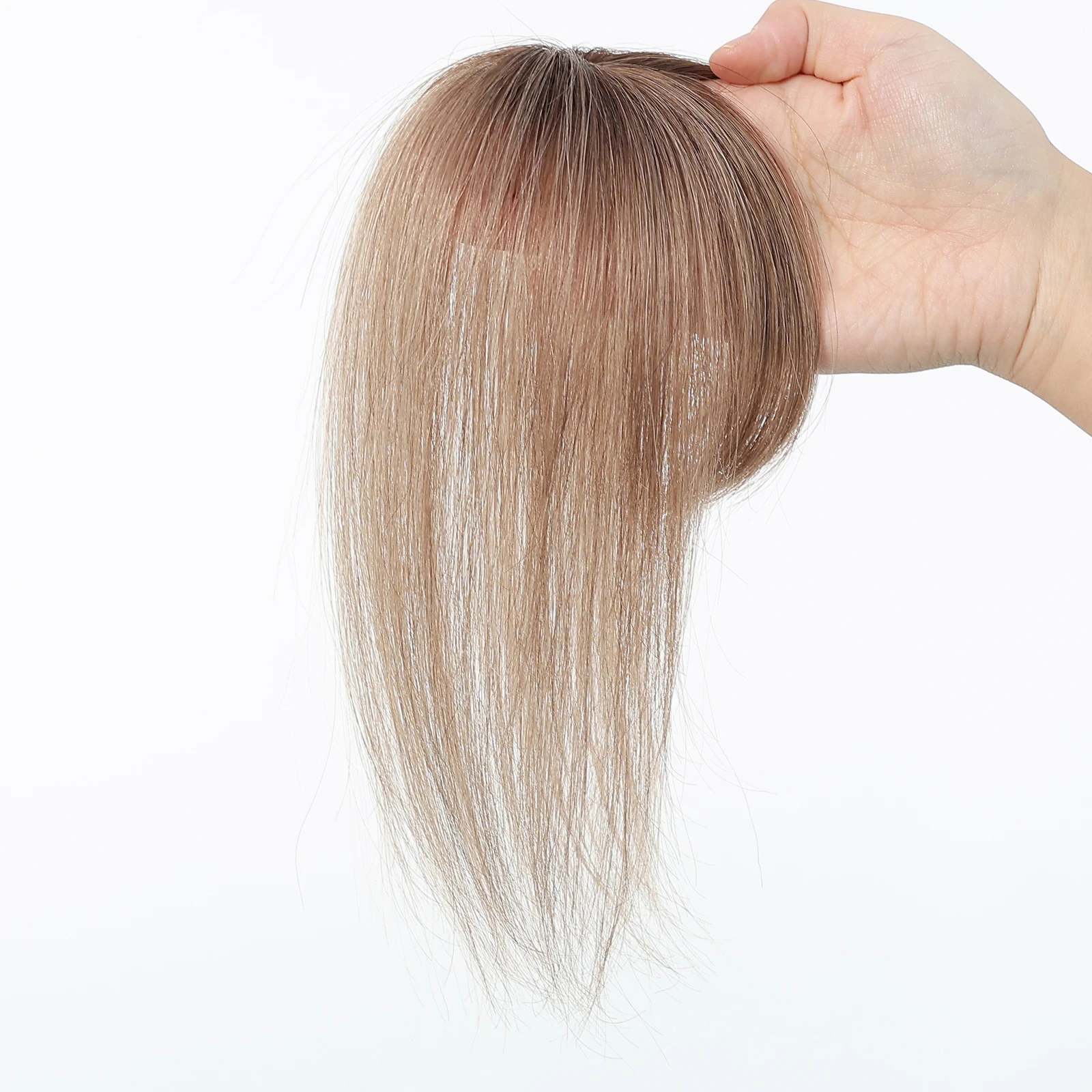 Light Brown Remy Human Hair Topper with Air Bangs Fashion Straight Hair Toppers for Women Daily Use Clip in Hair  Extensions