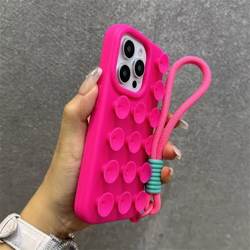 

Phone Case For iPhone 13 15 16 17 Pro Max iPhone 14 11 12 13 Pro XR Luxury Suction Cup Candy With Wrist Strap Shockproof Cover