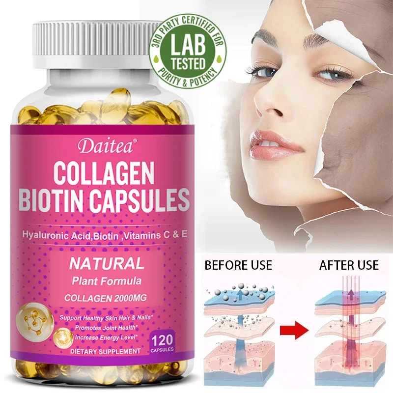 Daitea Collagen Biotin Supplement - Hyaluronic Acid Biotin Vitamin C E - Hair Skin Nails Energy Vegan Capsules