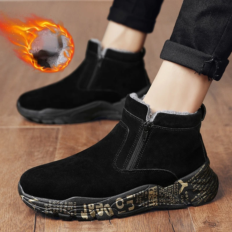 

Slip on Winter Boots Men Thick Platform Men's Ankle Boots Casual Footwear Black Suede Plush Warm Cotton Shoes Print Botas Hombre