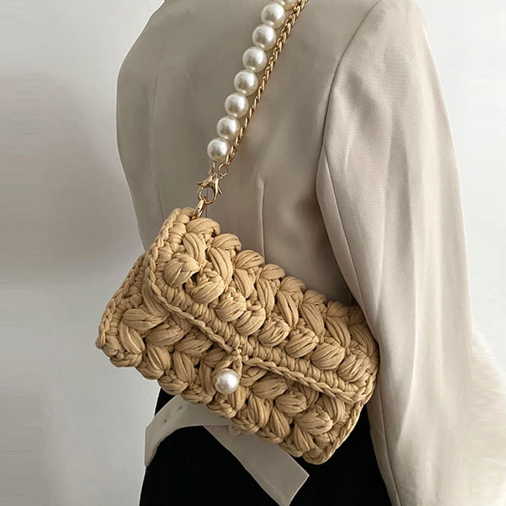 Handmade Rope Crochet Women's Shoulder Bag Designer Knitting Crossbody Bags for Women Handbags Pearls Chains Sling Bag Tote 2022