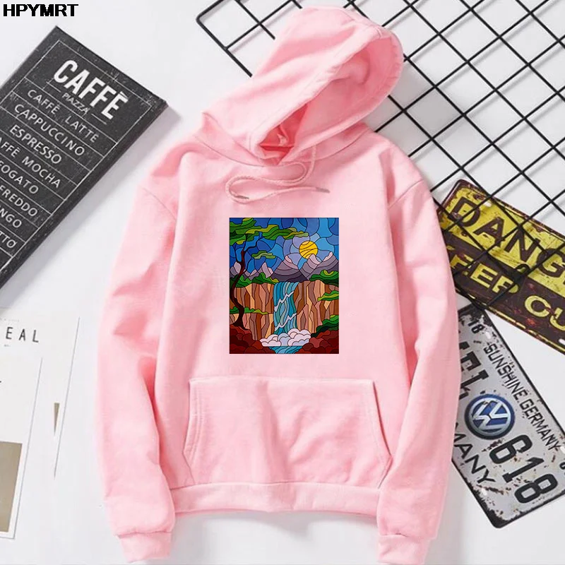 

Cartoon landscape Graphics Print Casual comfortable pocket Sweatshirt Spring Autumn street Fashion women's clothing Top pullover