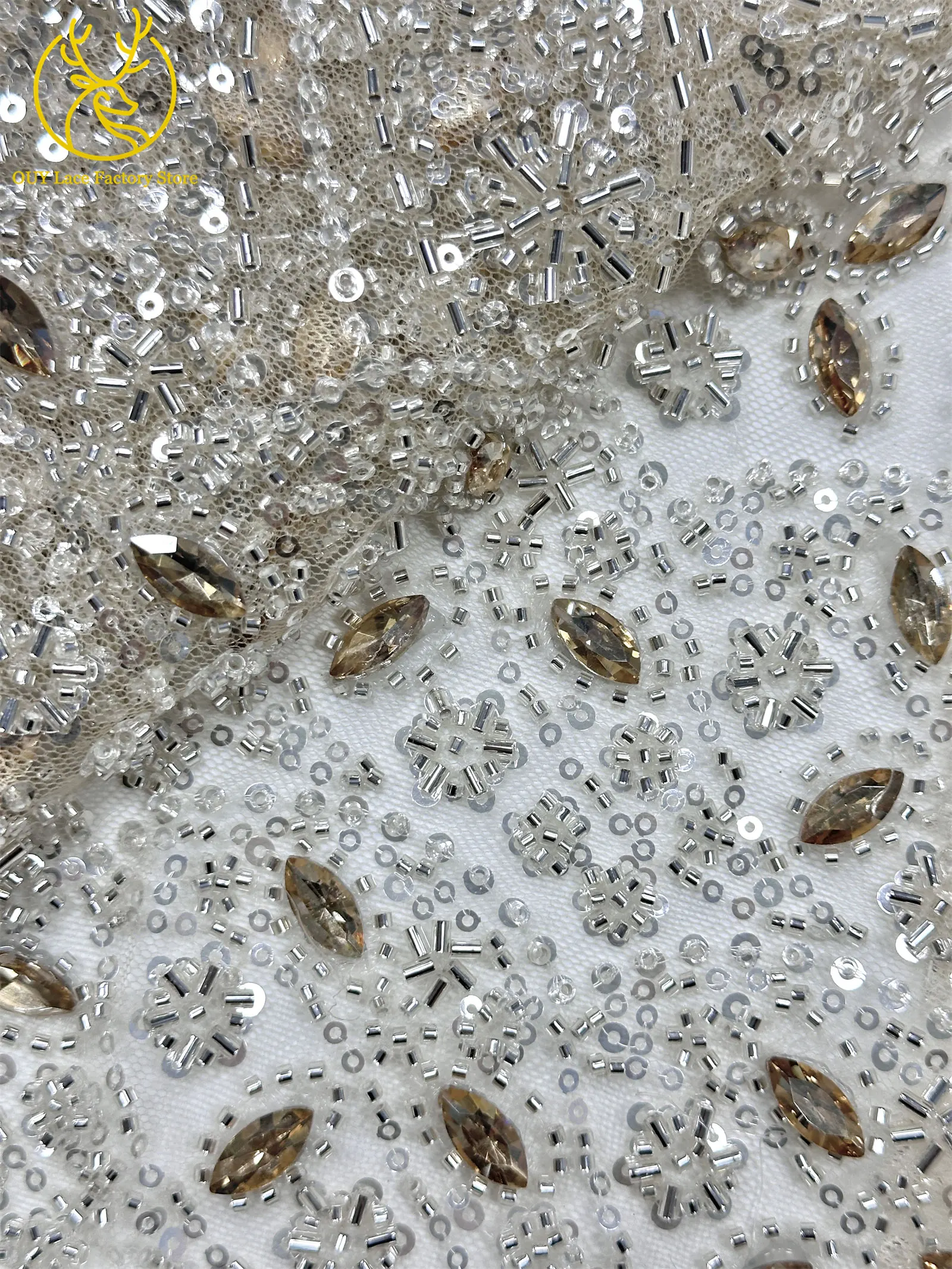 Marineblauer französischer Luxus-Spitzenstoff mit Perlen und Steinen 2026 Nigerianischer afrikanischer Pailletten-Spitzenstoff, geeignet zum Nähen von Abendkleidern – Detail 23