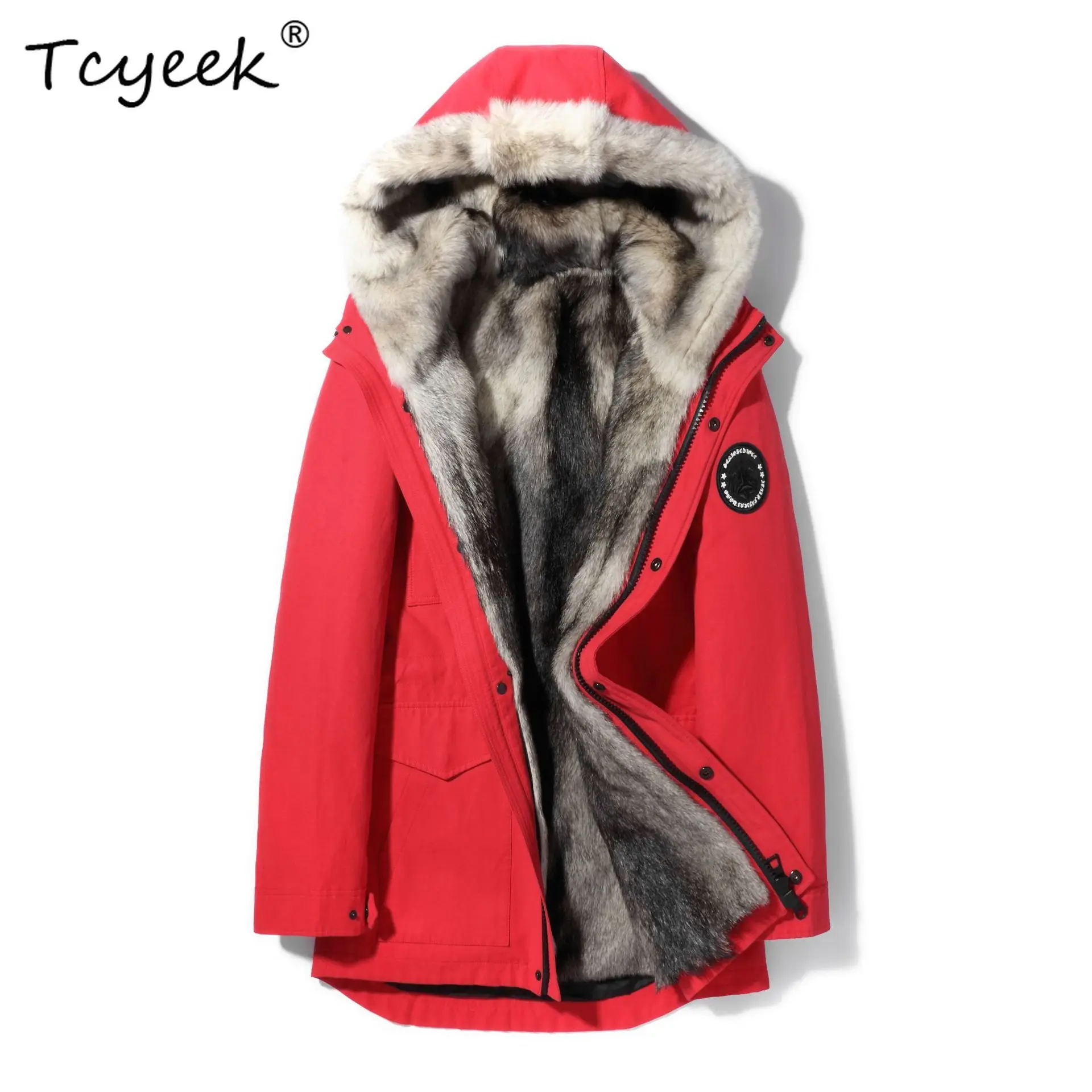 Tcyeek 本物の毛皮コート メンズ 取り外し可能な裏地付き 冬服 ミドル丈パーカー アウトドア ウルフファーコート 男性用 2025 フード付きコート
