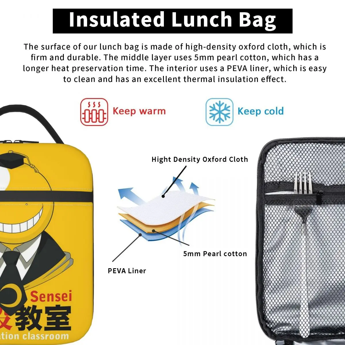 Assassination Classroom Octopus Koro Sensei Insulated Lunch Bag for Women Children Leakproof Food Boxes Thermal Lunch Box Tote